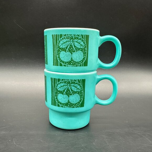 Vintage Milk Glass Mugs Hazel Atlas Teal Green Stacking Fruit Cherry Pear Apple - Picture 8 of 11